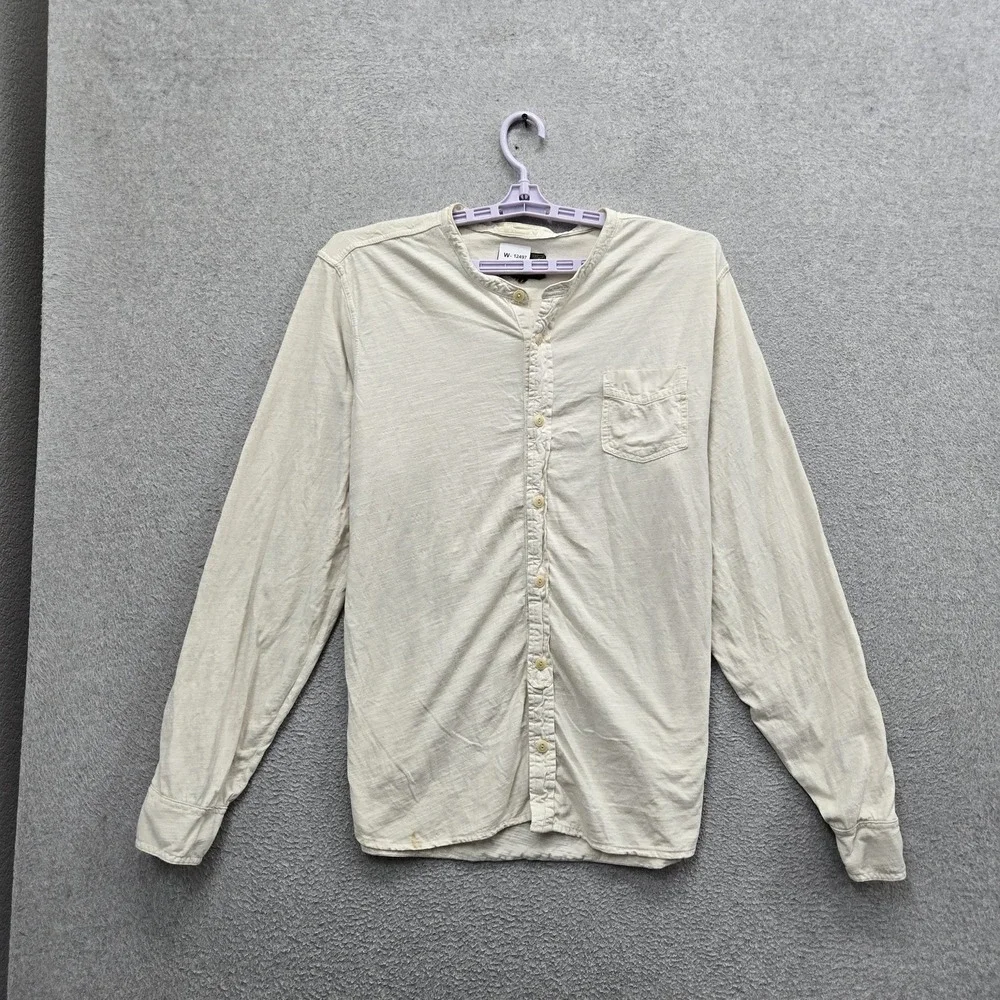 Lucky Brand Men Button Up Shirt XL Beige Logo Long Sleeve Blade Collar